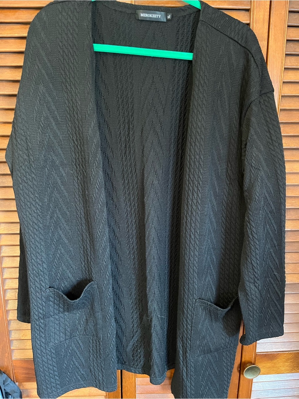 Merokeety Black Textured Long Sleeve Open Front Cardigan With Front Pockets XL